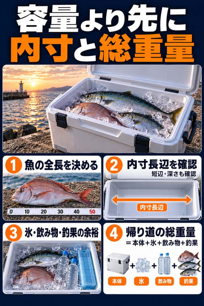 クーラーボックス選びの基本図。魚の全長、内寸長辺、氷や飲み物や釣果の余裕、帰り道の総重量を順に確認する要点を示す。