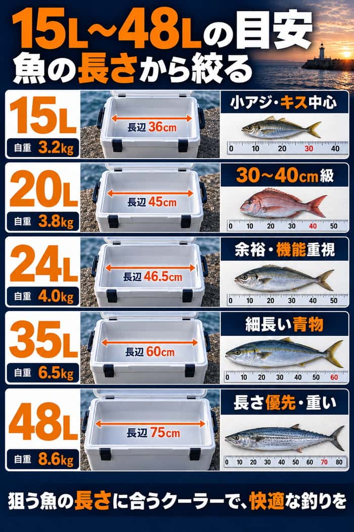 15Lから48Lまでのクーラーボックス比較図。各容量の内寸長辺と自重、小アジや30〜40cm級、細長い青物などに向く目安を並べて示す。