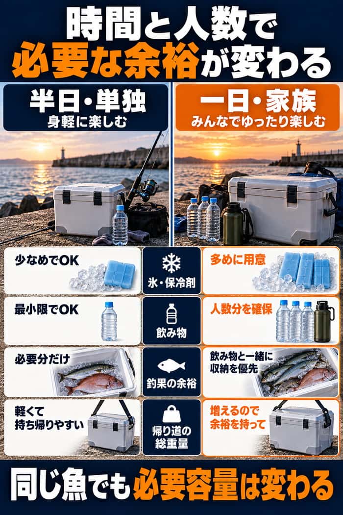 半日・単独と一日・家族を比べた図。氷や保冷剤、飲み物、釣果の余裕、帰り道の総重量が違い、同じ魚でも必要容量が変わることを示す。