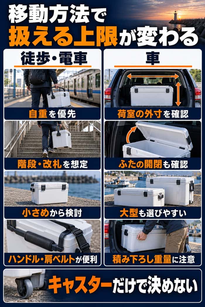 徒歩・電車と車での持ち運び比較図。前者は自重や階段や改札への対応、後者は荷室寸法やふたの開閉、積み下ろし重量の確認が重要だと示す。