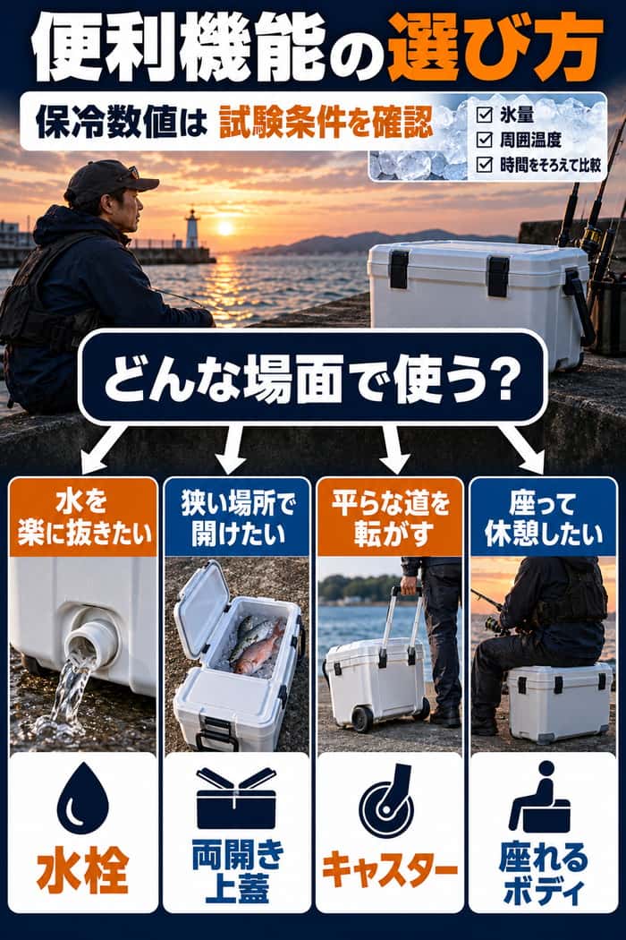 保冷力と便利機能の選び方をまとめた図。試験条件を確認しつつ、水栓、両開き上蓋、キャスター、座れるボディを使う場面ごとに選ぶ流れを示す。