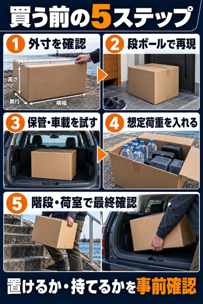 購入前の確認手順図。外寸確認、段ボールで再現、保管と車載の試行、想定荷重の投入、階段や荷室での最終確認までを5段階で示す。