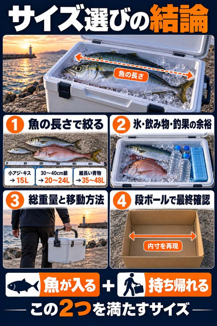 クーラーボックス選びの結論図。魚の長さ、氷や飲み物や釣果の余裕、総重量と移動方法、段ボール確認の4点をまとめ、魚が入り持ち帰れるサイズを選ぶ考え方を示す。