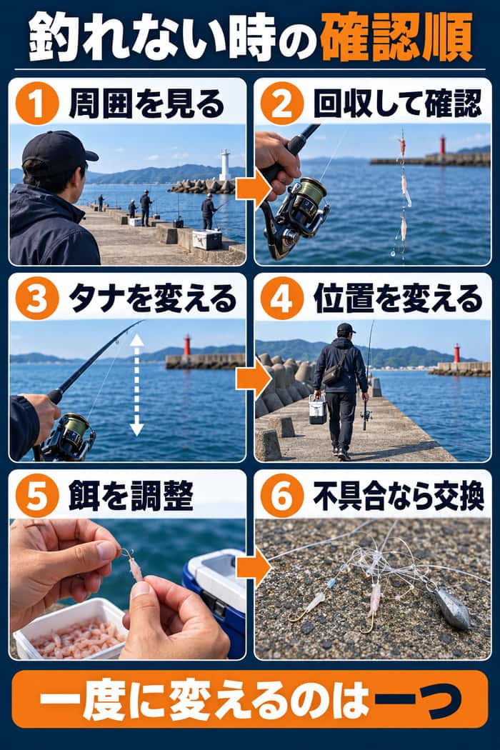 海釣りで反応がないときの確認順。周囲の観察から回収確認、タナ、位置、餌、必要時の仕掛け交換までを6段階で示す。