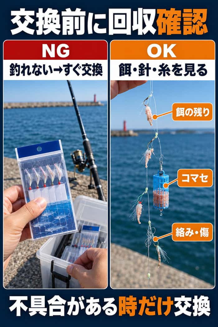 仕掛け交換前の回収確認。釣れないからすぐ交換する例と、餌の残り、コマセ、絡みや傷を先に見る方法を比較する。
