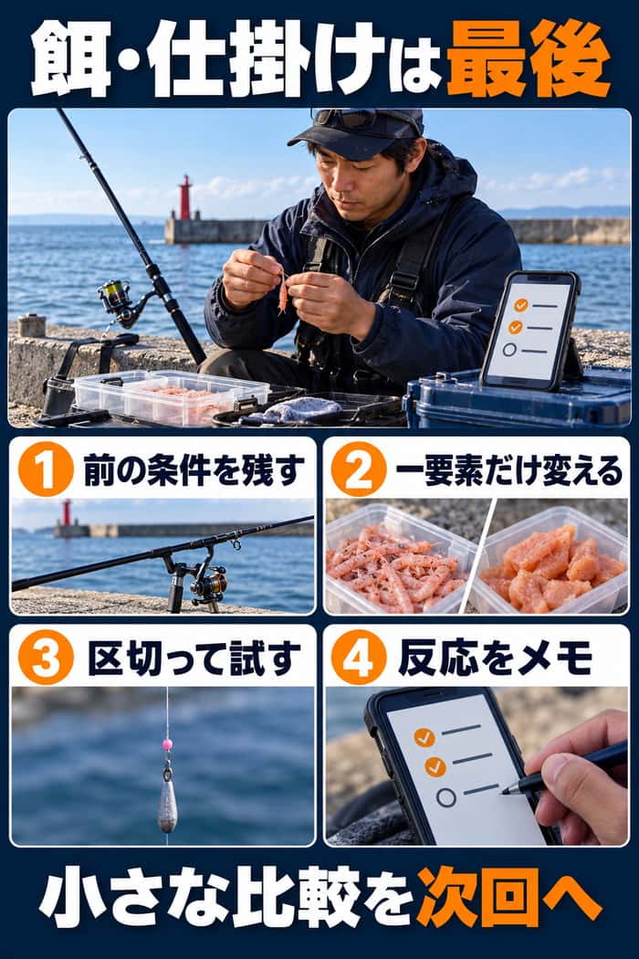 餌と仕掛けを調整する手順。前の条件を残し、一要素だけを区切って試し、反応を記録して次回へつなげる4要点を示す。