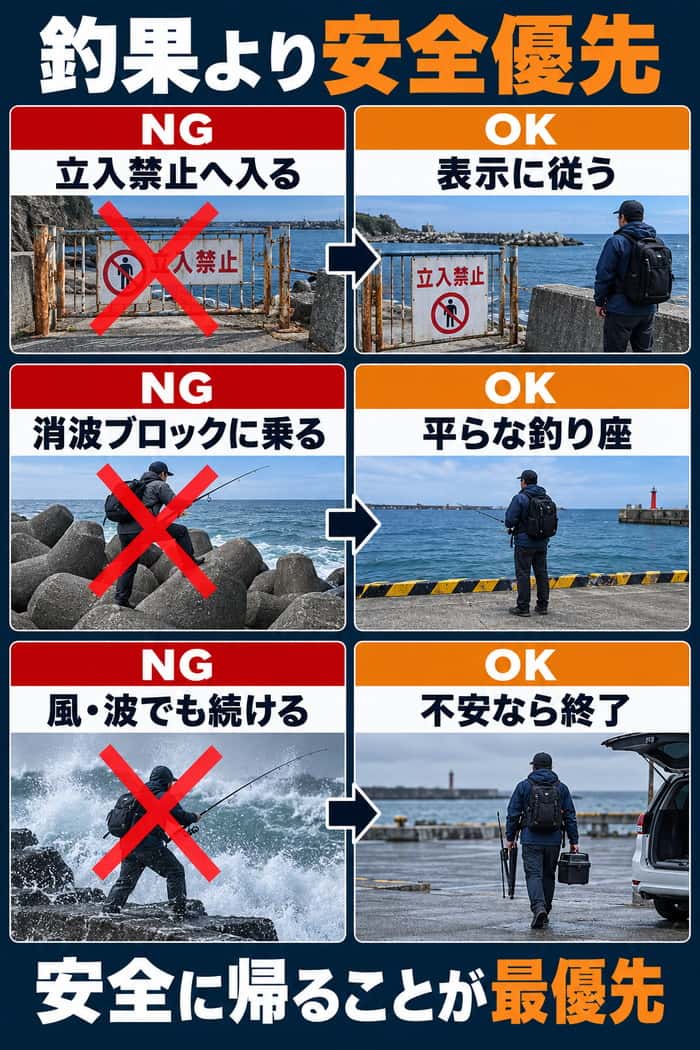 海釣りの安全判断。立入禁止区域、消波ブロック、風や波の悪化を避け、表示に従い平らな釣り座を選び、不安なら終了する対比。