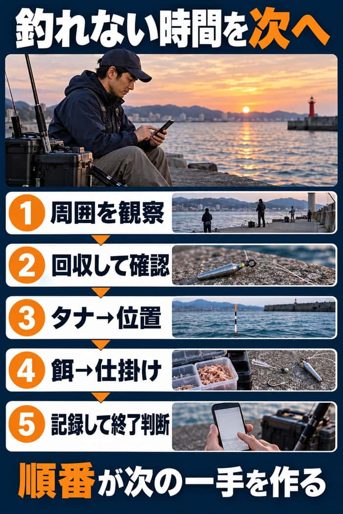 釣れない時間を次へつなげる確認順。周囲の観察、回収確認、タナ、位置、餌、仕掛け、記録と終了判断を順に示す。