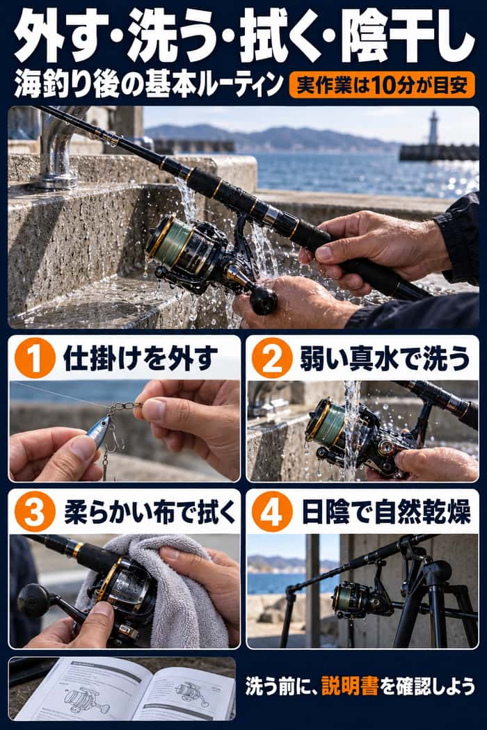 海釣り後の基本ルーティン図。仕掛けを外し、弱い真水で洗い、柔らかい布で拭き、日陰で自然乾燥する流れを示す。
