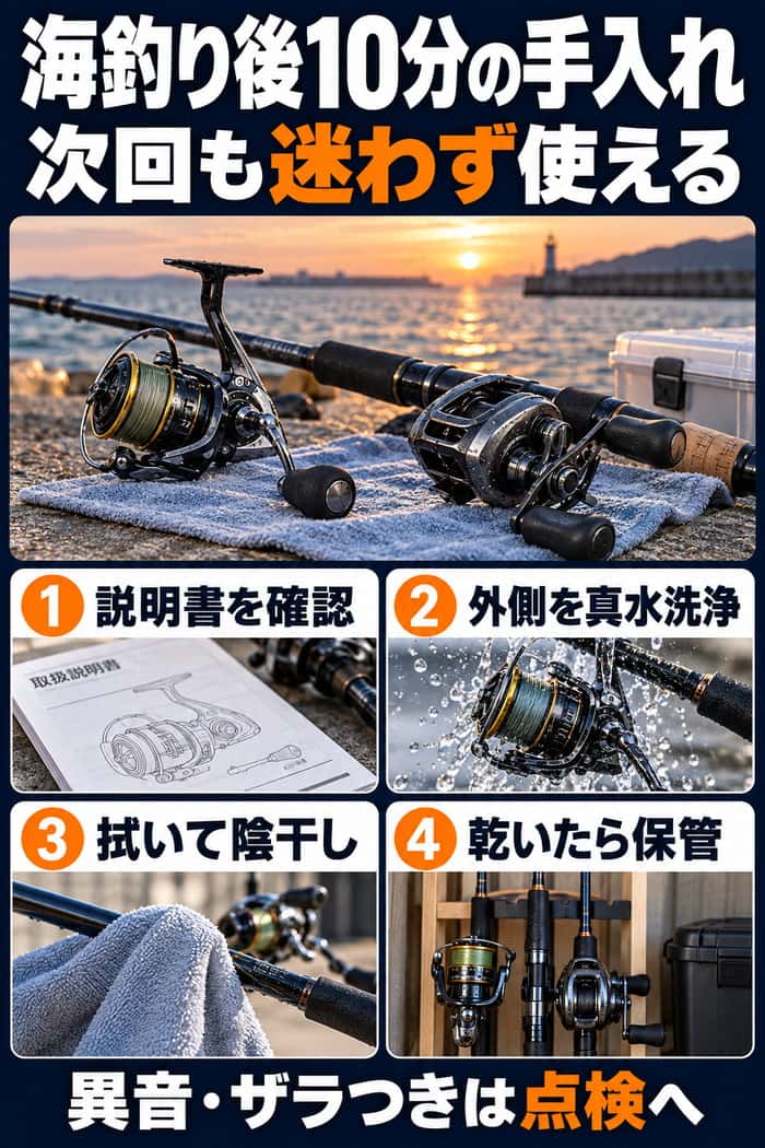 ロッドの洗い方の図。全体に弱い真水を流し、ガイドを丁寧に洗い、継ぎ目の砂を確認してから拭いて陰干しする要点を示す。
