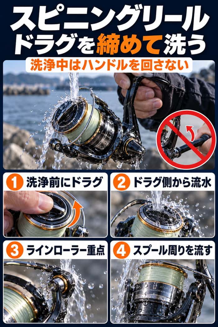 スピニングリールの洗い方の図。洗浄前にドラグを締め、ドラグ側から弱い流水を当て、ラインローラーとスプール周りを洗い、洗浄中はハンドルを回さないことを示す。