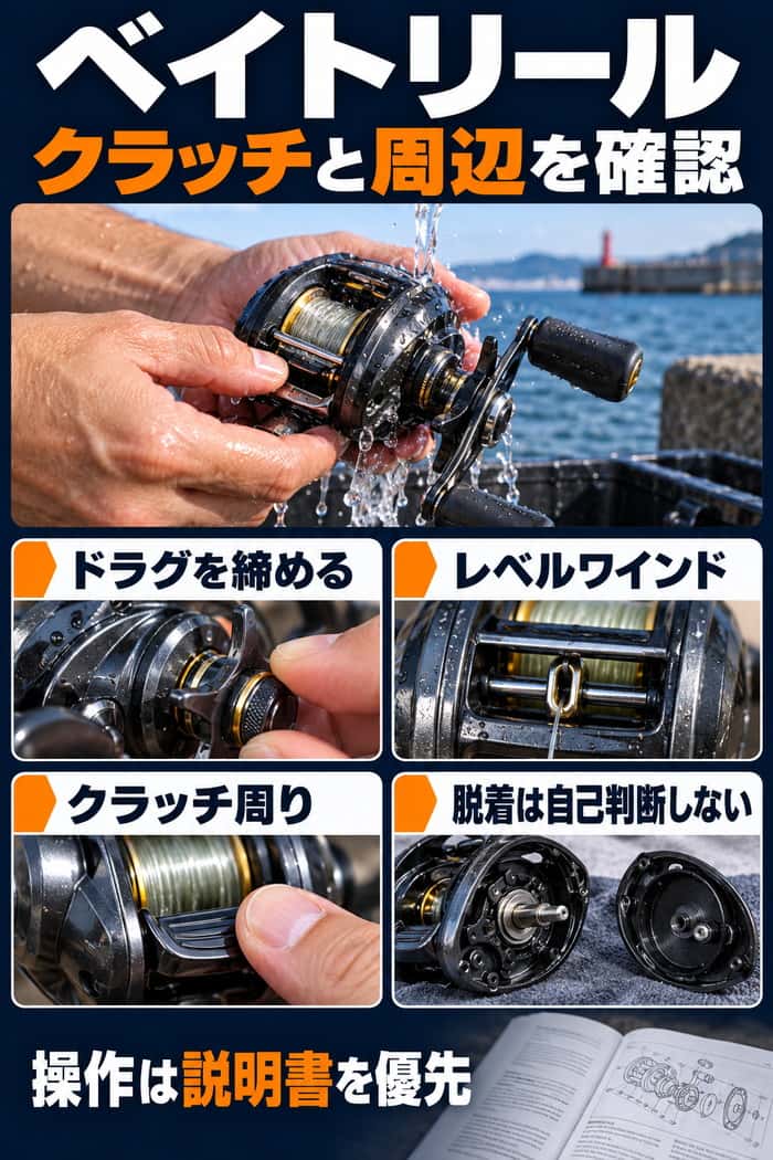 ベイトリールの洗い方の図。ドラグを締め、レベルワインドとクラッチ周りを洗い、部品の脱着や操作は説明書を優先することを示す。