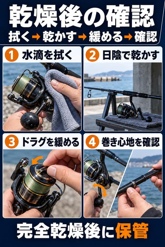 乾燥後の確認手順図。水滴を拭き、日陰で乾かし、十分乾いたらドラグを緩め、巻き心地や継ぎ目を確認してから保管する流れを示す。