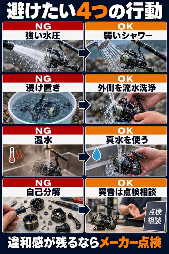 日常手入れで避けたい行動の比較図。強い水圧、浸け置き、温水、自己分解を避け、弱いシャワーや真水洗浄、異音時の点検相談を勧める。