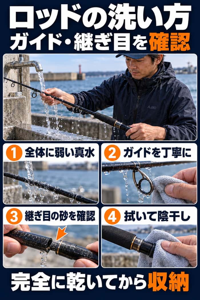 海釣り後10分の手入れのまとめ図。説明書の確認、外側の真水洗浄、拭いて陰干し、乾いた後の保管と、異音やザラつき時の点検を示す。