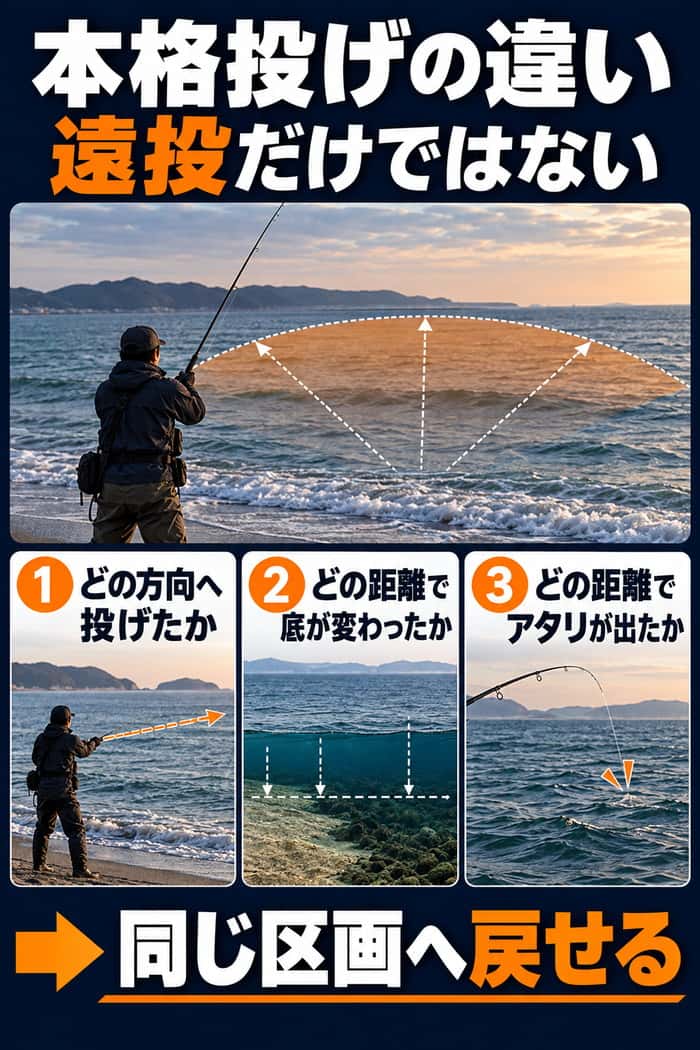 サーフの探索範囲と、方向・海底変化・アタリ距離を記録して同じ区画へ戻る考え方を示す。