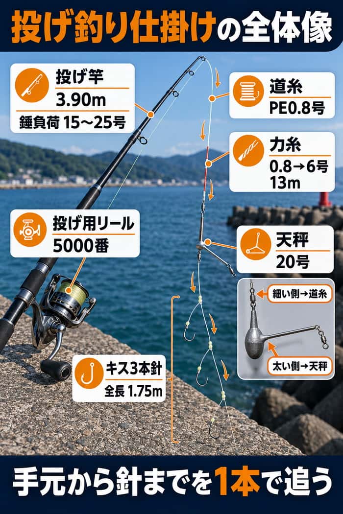 投げ竿、リール、道糸、力糸、天秤、3本針仕掛けを手元から針までの接続順に示す。