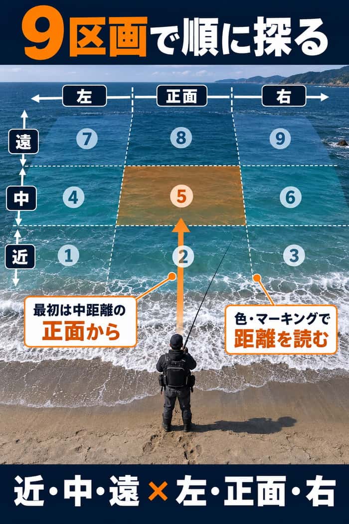 サーフを近・中・遠と左・正面・右に分けた9区画と、中距離の正面を基準に探る方法を示す。