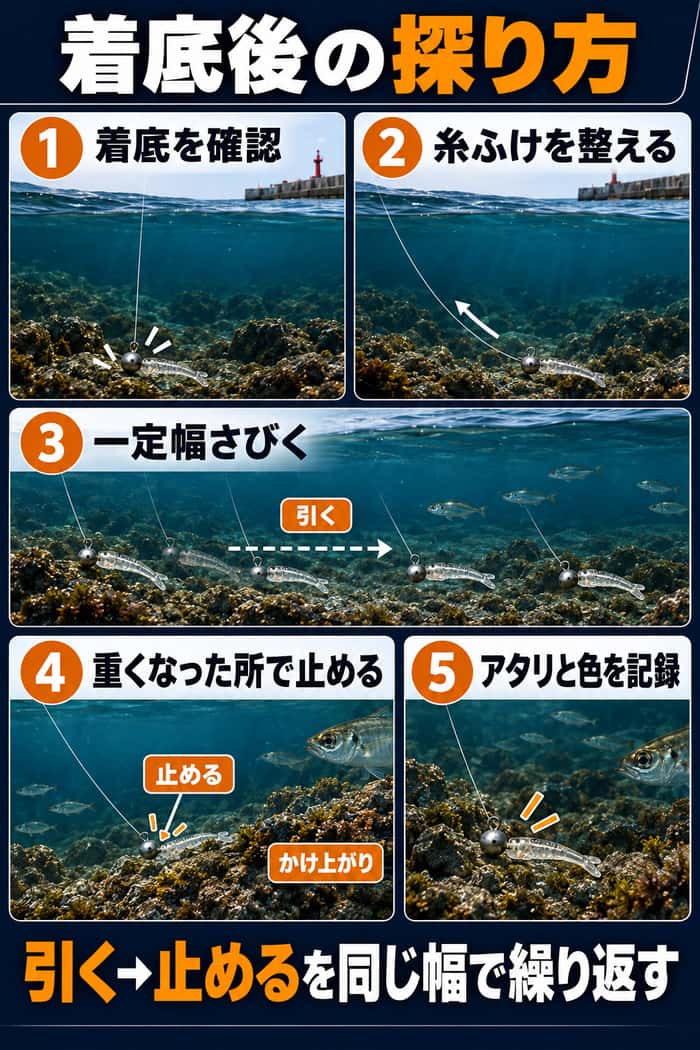 着底後に糸ふけを整え、一定幅でさびき、重くなる場所で止めてアタリと道糸表示を記録する流れを示す。