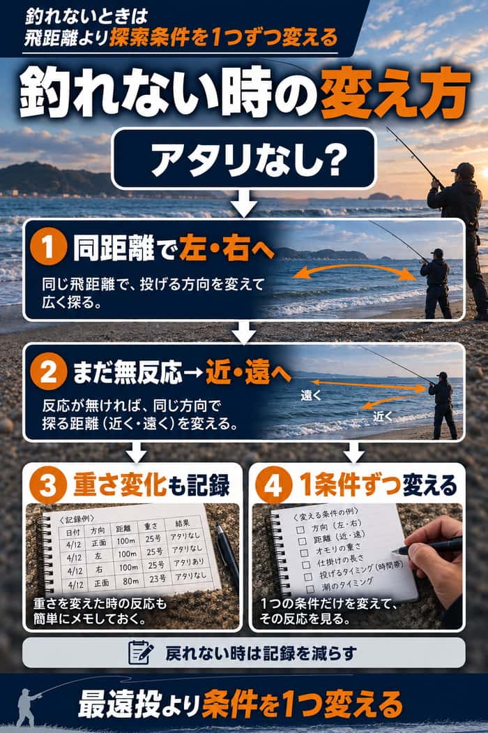 アタリがない時に同距離で左右へ、次に近・遠へ移り、重さ変化を記録しながら条件を1つずつ変える手順を示す。