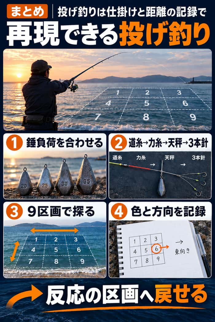 錘負荷、仕掛けの接続順、9区画探索、色と方向の記録をまとめ、反応の区画へ戻る投げ釣りの考え方を示す。
