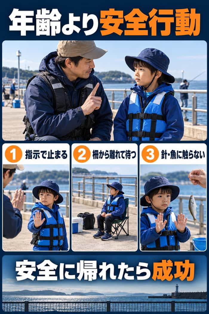 子どもの海釣りで確認する安全行動。指示で止まる、柵から離れて待つ、針や魚に触らないの3点と、安全に帰れたら成功という基準を示す。