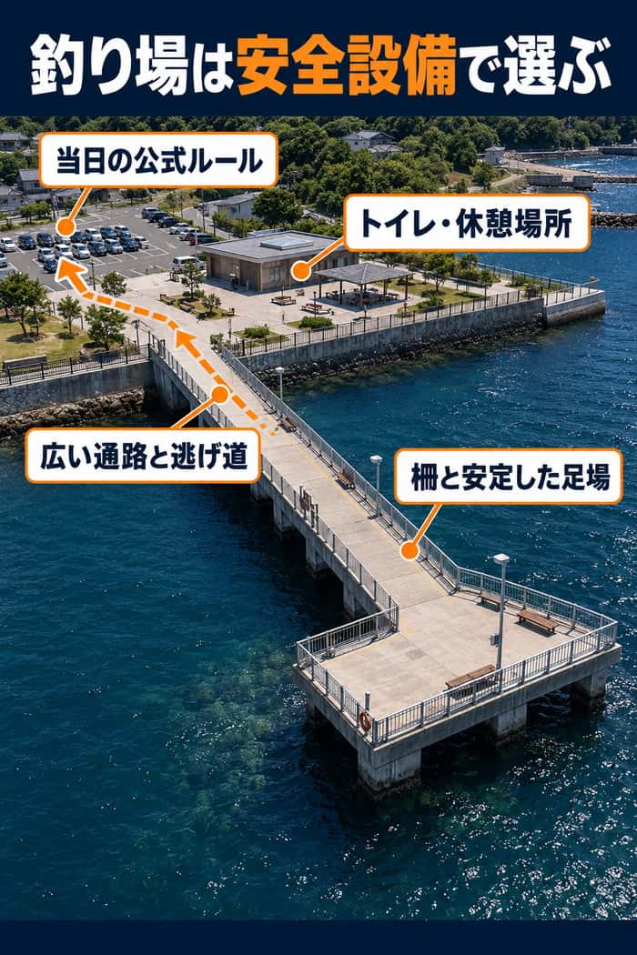 子連れ向け管理釣り場の俯瞰図。柵と安定した足場、トイレ・休憩場所、広い通路と逃げ道、当日の公式ルールを確認する位置を示す。