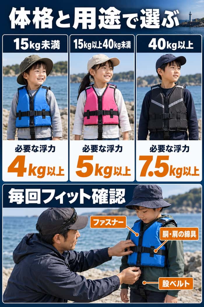 小児用ライフジャケットの体重別浮力比較。15kg未満は4kg以上、15kg以上40kg未満は5kg以上、40kg以上は7.5kg以上と、着用時の確認箇所を示す。