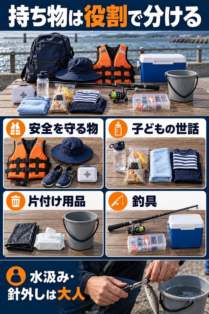 親子釣りの持ち物を、安全を守る物、子どもの世話、片付け用品、釣具に分類し、水汲みや針外しは大人が行うことを示す。