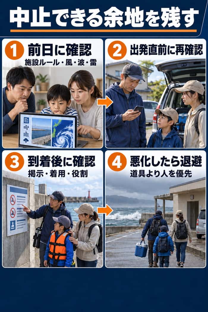 前日確認、出発直前の再確認、到着後の掲示・着用・役割確認、悪化時の退避という順で、中止や短縮を選べる行動を示す。