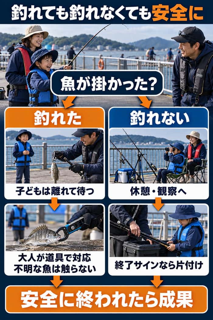 魚が釣れた場合と釣れない場合の安全行動。子どもは離れて待ち大人が道具で対応する流れと、休憩・観察から片付けへ移る流れを示す。