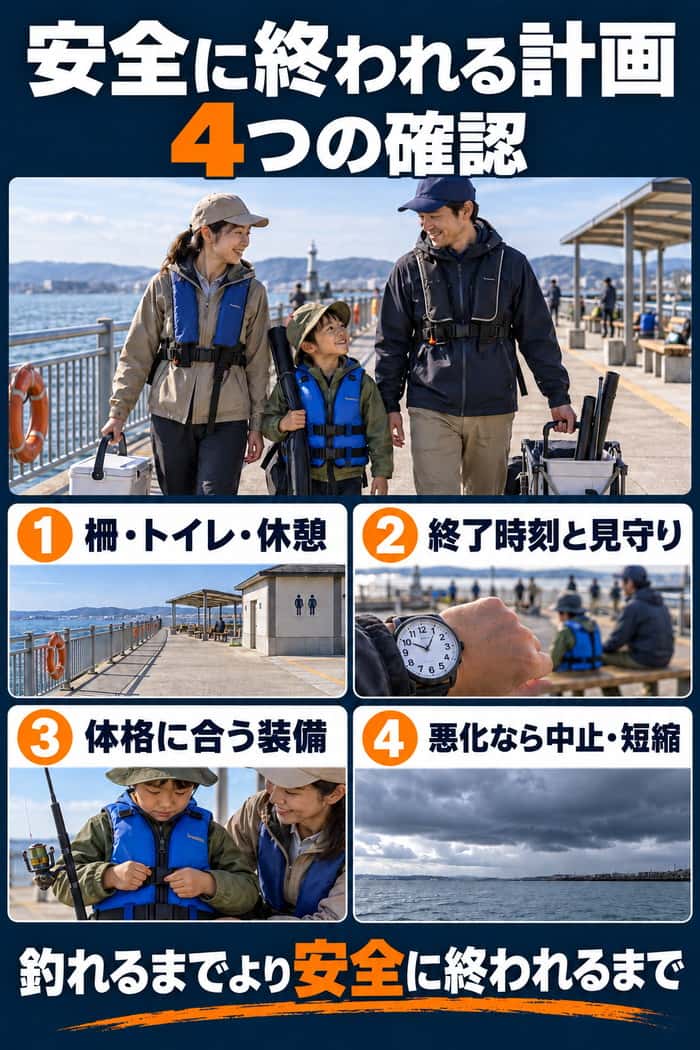 安全に終われる親子釣りの計画を、約束、設備、終了時刻と見守り、体格に合う装備、悪化時の中止・短縮に整理して示す。