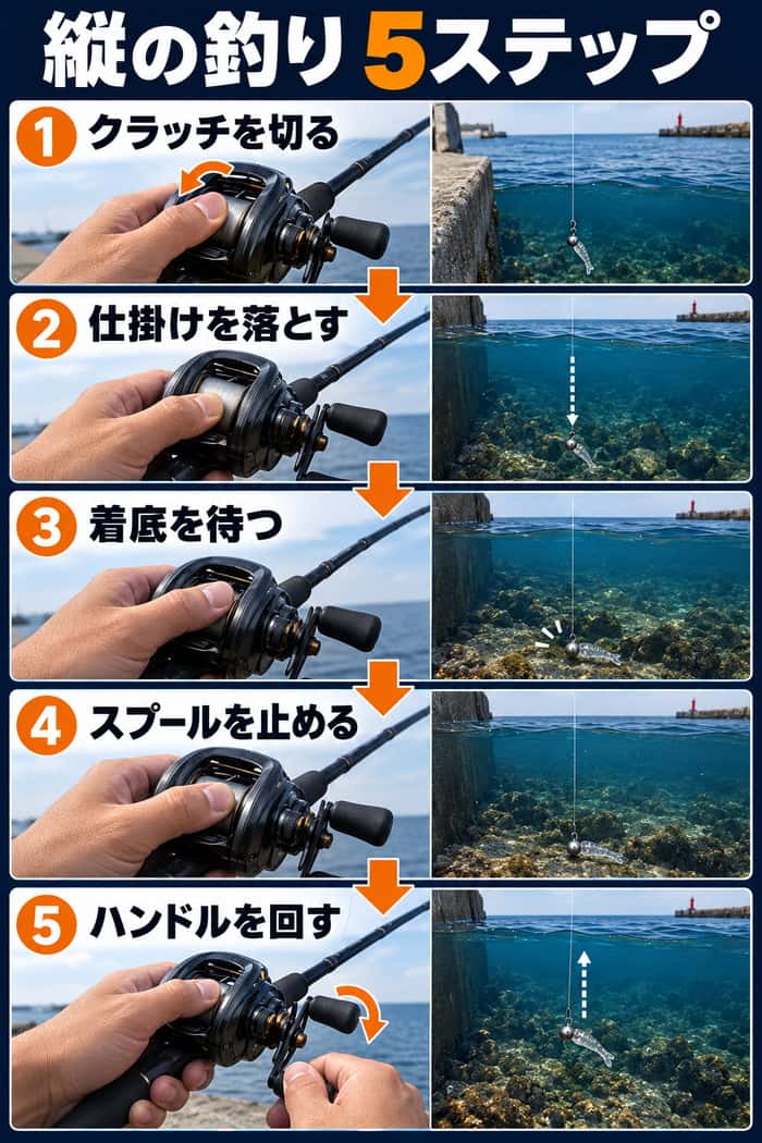 ベイトリールで仕掛けを縦に落とす手順。クラッチ操作から落下、着底、スプール停止、巻き始めまでを示す。