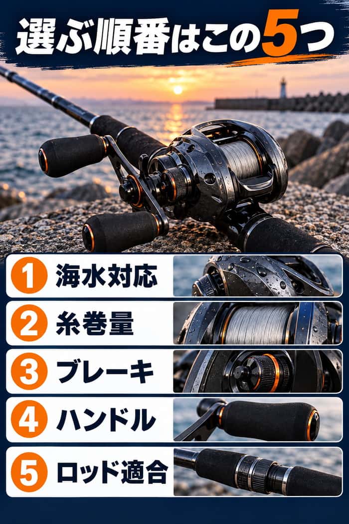 海釣り用ベイトリールを選ぶ順番。海水対応、糸巻量、ブレーキ、ハンドル、ロッド適合の5項目を示す。