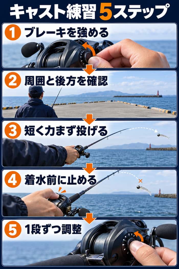 初心者向けベイトキャスト練習の手順。強いブレーキから短く投げ、着水前に止めて1段ずつ調整する流れを示す。