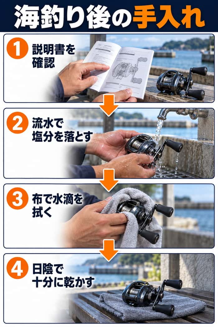 海釣り後のベイトリールの手入れ手順。説明書確認、流水洗浄、拭き取り、日陰乾燥の順番を示す。