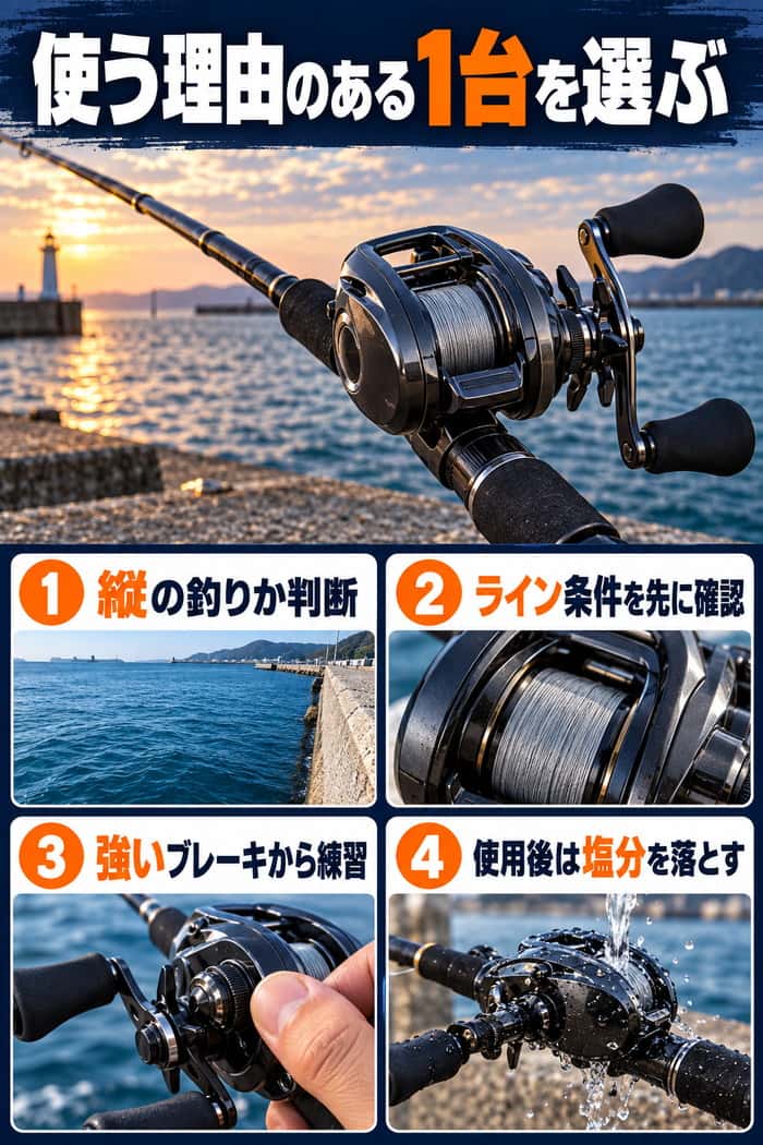 海釣り用ベイトリール選びのまとめ。縦の釣り、ライン条件、ブレーキ練習、使用後の手入れを確認する。