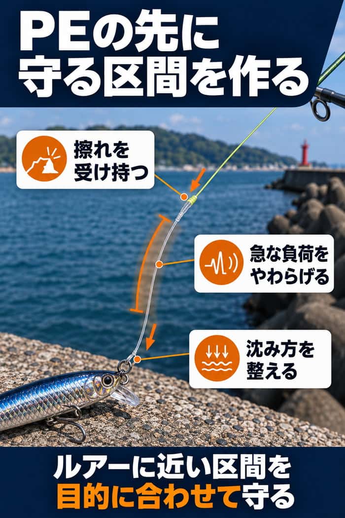 PEラインとルアーの間に設けるショックリーダーの役割図。擦れ、急な負荷、沈み方を受け持つ区間を示す。