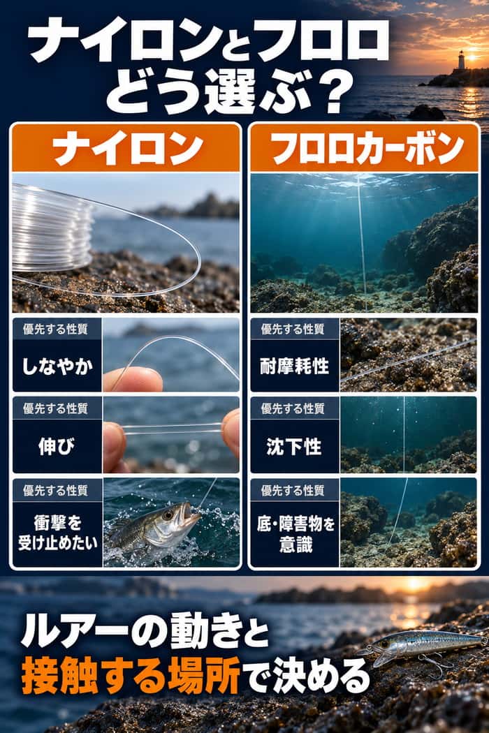 ナイロンとフロロカーボンの比較図。しなやかさと伸び、耐摩耗性と沈下性を、優先する条件ごとに示す。