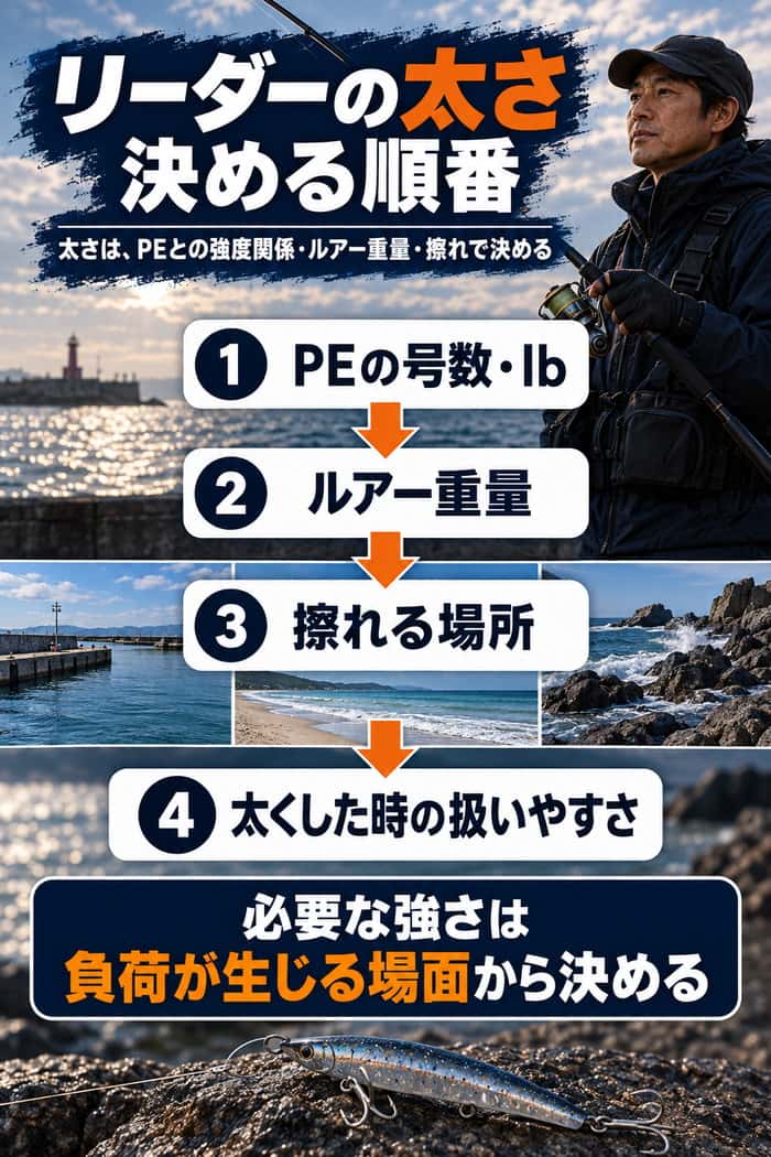 ショックリーダーの太さを決める手順。PEの強度、ルアー重量、擦れる場所、太くした際の扱いやすさを順に確認する。