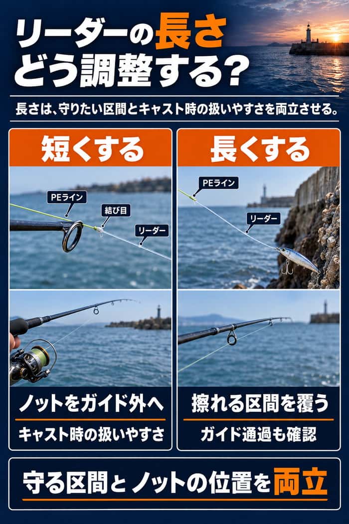 ショックリーダーを短くする場合と長くする場合の比較。守りたい区間とノットのガイド通過を両立させる考え方を示す。