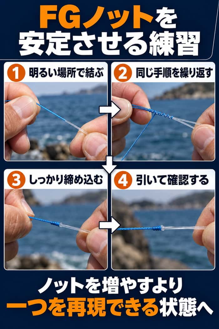 FGノットの練習手順。明るい場所で同じ手順を繰り返し、締め込み後に引いて確認する流れを示す。