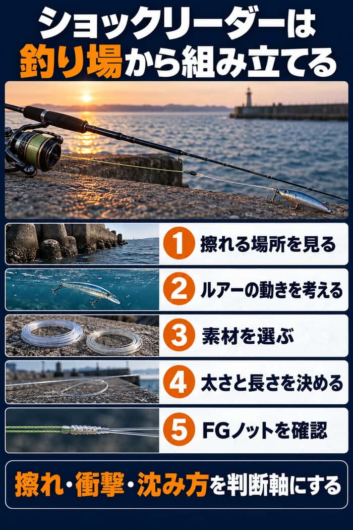 ショックリーダー選びのまとめ。擦れる場所、ルアーの動き、素材、太さと長さ、FGノットの順で組み立てる。