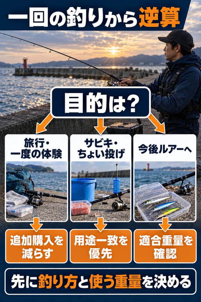 海釣りセットを一回の釣りから逆算する選択図。旅行、用途固定、将来のルアー釣りという目的ごとに優先条件を示す。