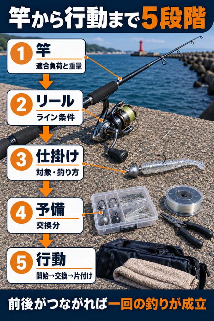 セット内容を照合する5段階。竿、リール、仕掛け、予備、釣りの行動までを順につなげて確認する。