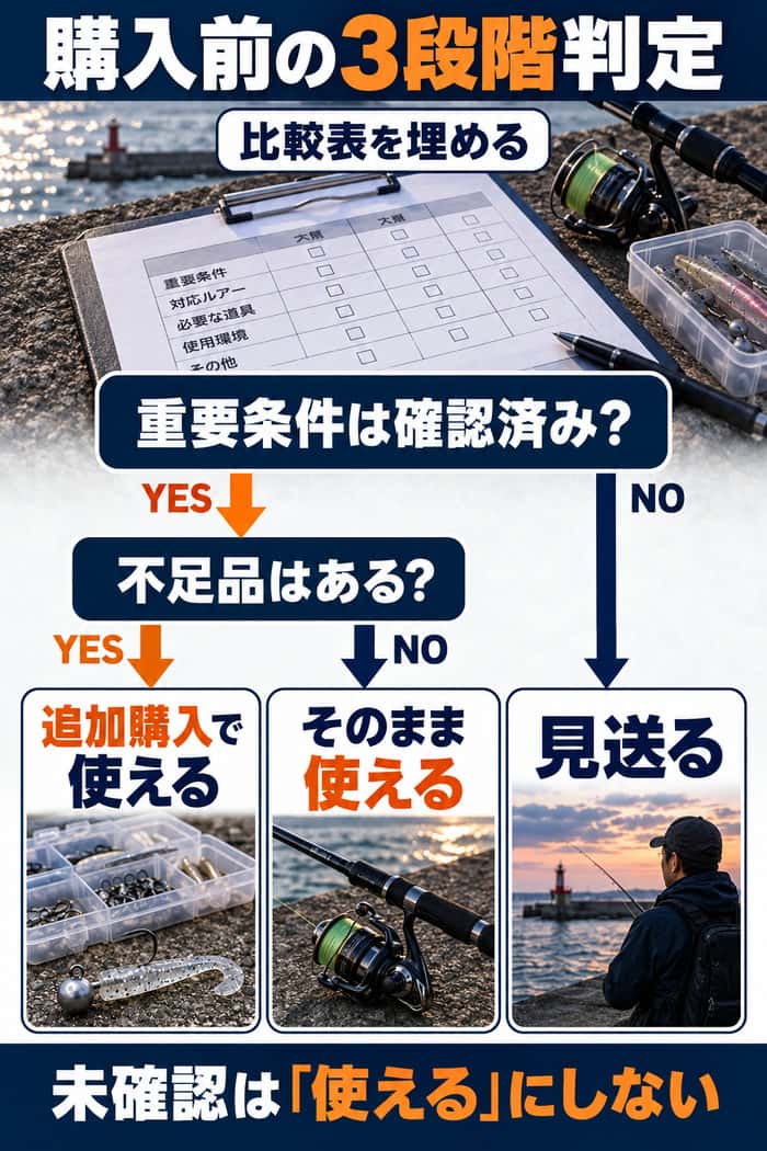 購入前の判定フロー。重要条件と不足品の有無を確認し、そのまま使える、追加購入で使える、見送るの3段階に分ける。