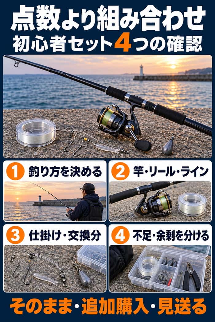 初心者向け海釣りセットの確認順。釣り方、竿・リール・ライン、仕掛けと交換分、不足品と余剰品の4点を示す。