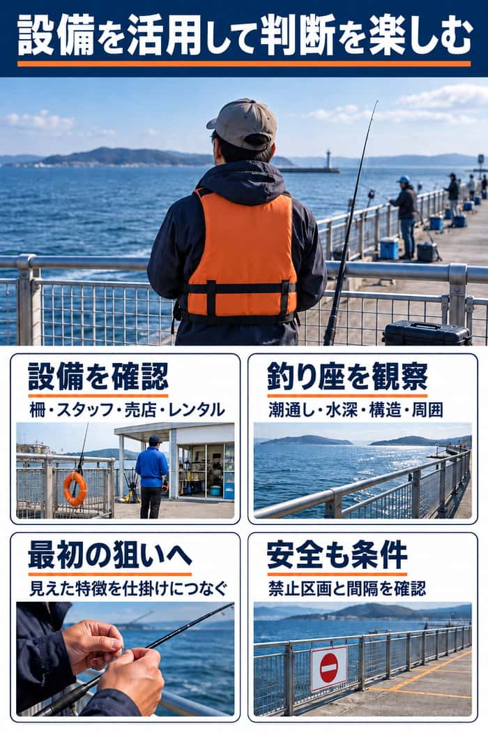 海釣り公園の設備と釣り座の読み方の要約。設備確認、潮通し・水深・構造・周囲、安全な間隔を4要点で示す。