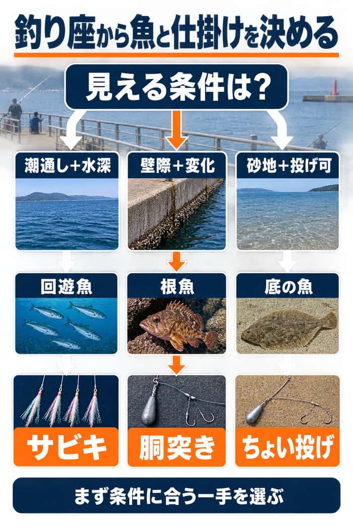 釣り座の条件から仕掛けを選ぶ分岐図。潮通しと水深はサビキ、壁際の変化は胴突き、投げられる砂地はちょい投げへ結ぶ。