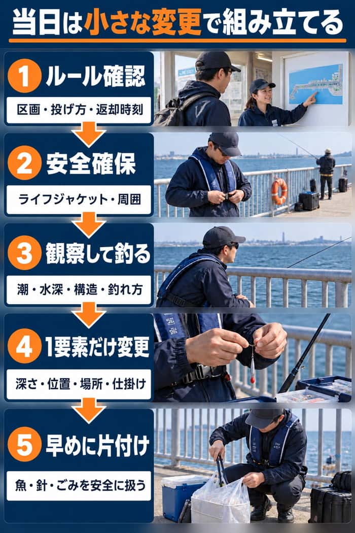 海釣り公園での一日の手順。ルール確認、安全確保、観察と釣り、一要素だけの変更、早めの片付けを順に示す。